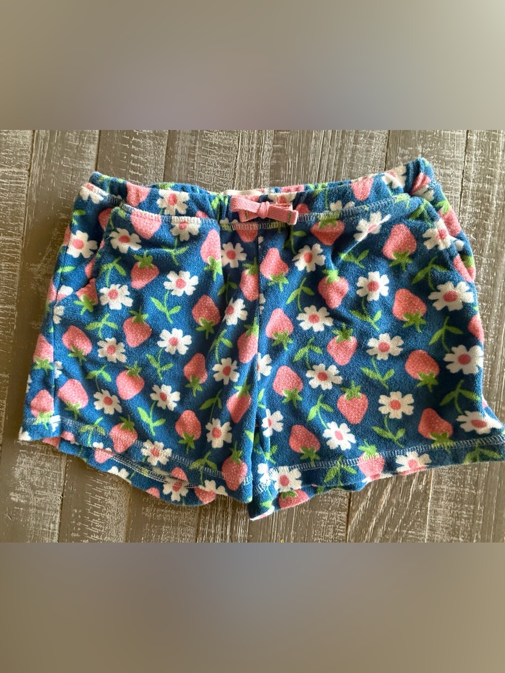 Mini Boden Blue Terrycloth Shorts with Pink Strawberries